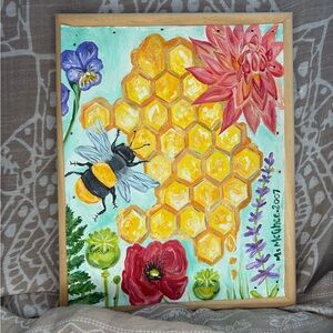 Colorful Bee and Honeycomb Handpainted Art